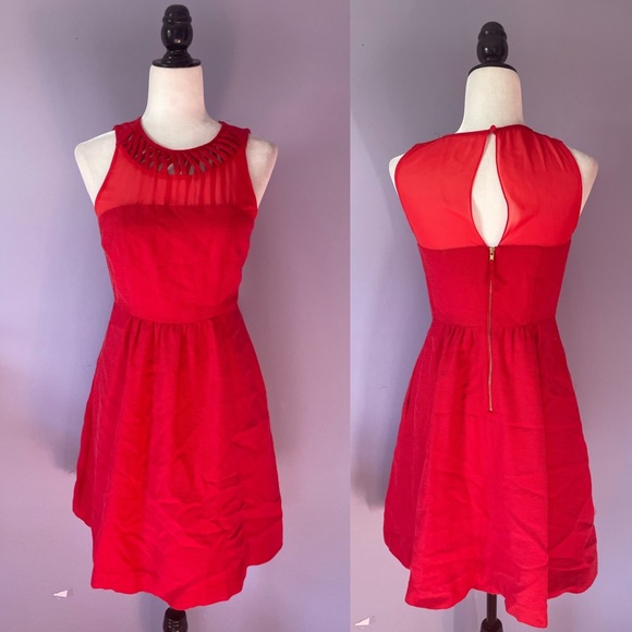 Anthropologie NWOT Maeve red Lattice A Line Sheer Fit and Flare Casual Dress - Picture 2 of 8